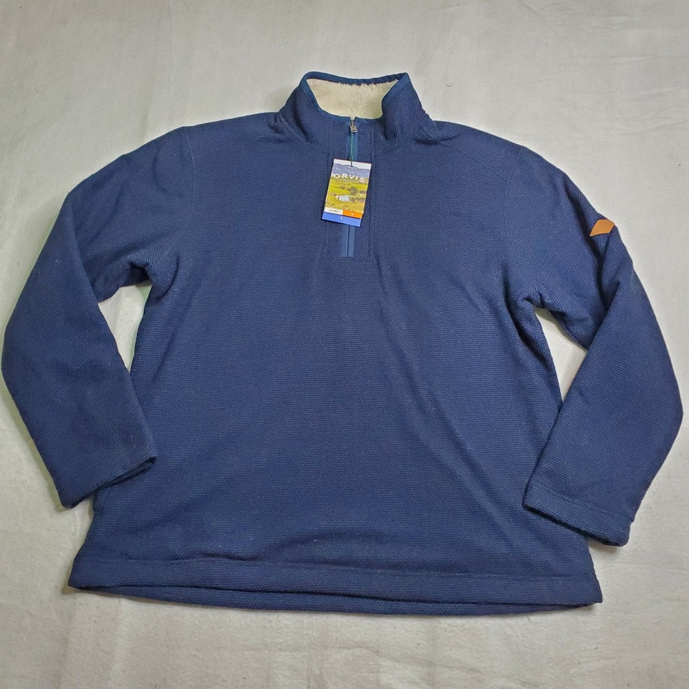 Orvis Mens 1/4 Zip Pullover Navy Waffle Knit Faux Shearling Lined Large